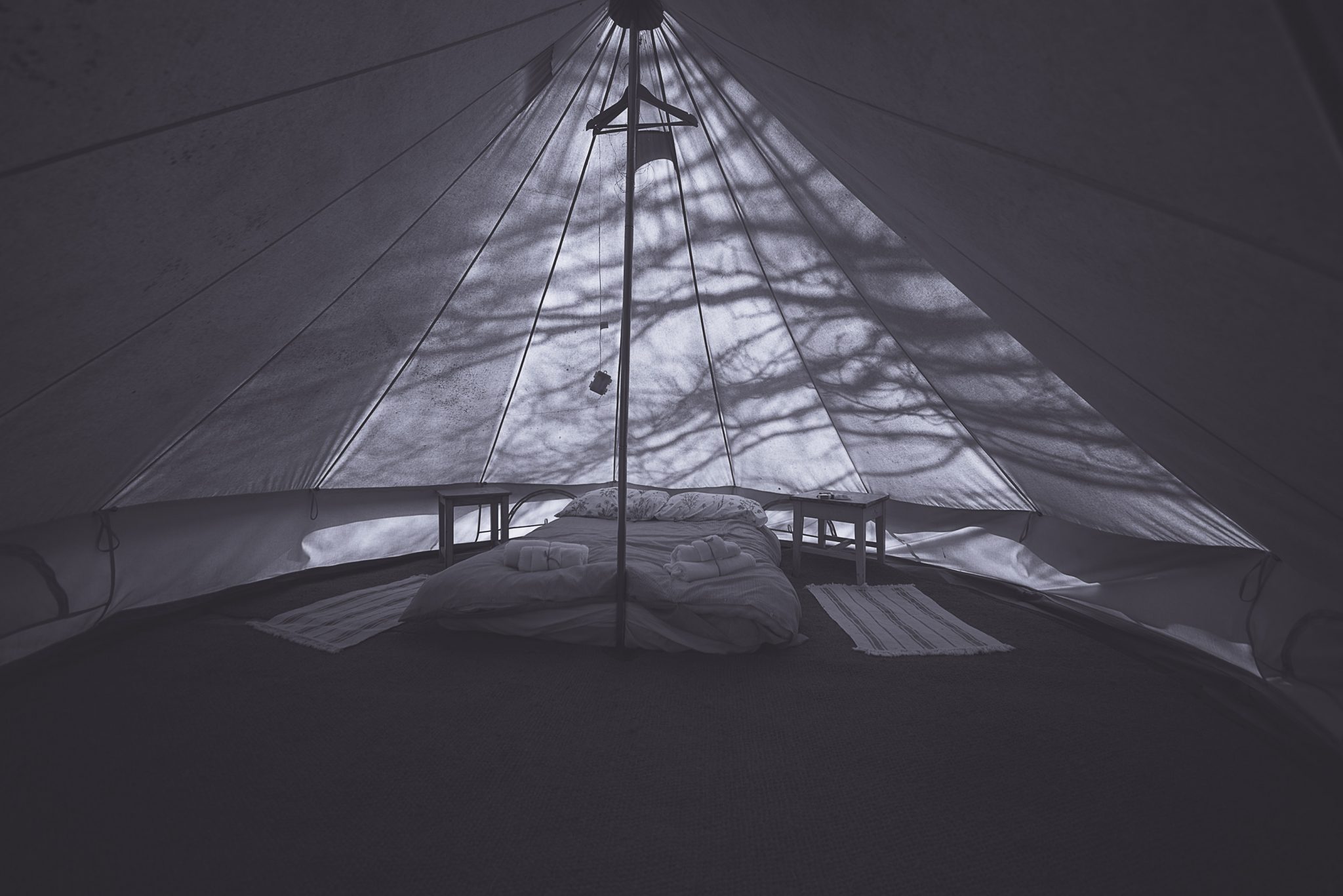 Inside view of a bell tent at the dreys woodland wedding venue
