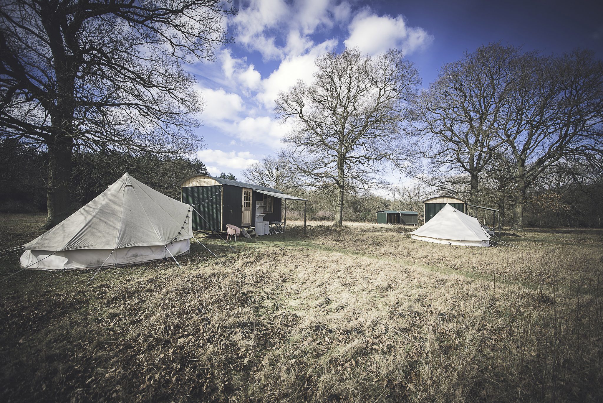 Shepherds huts and tents at the Dreys woodland wedding venue