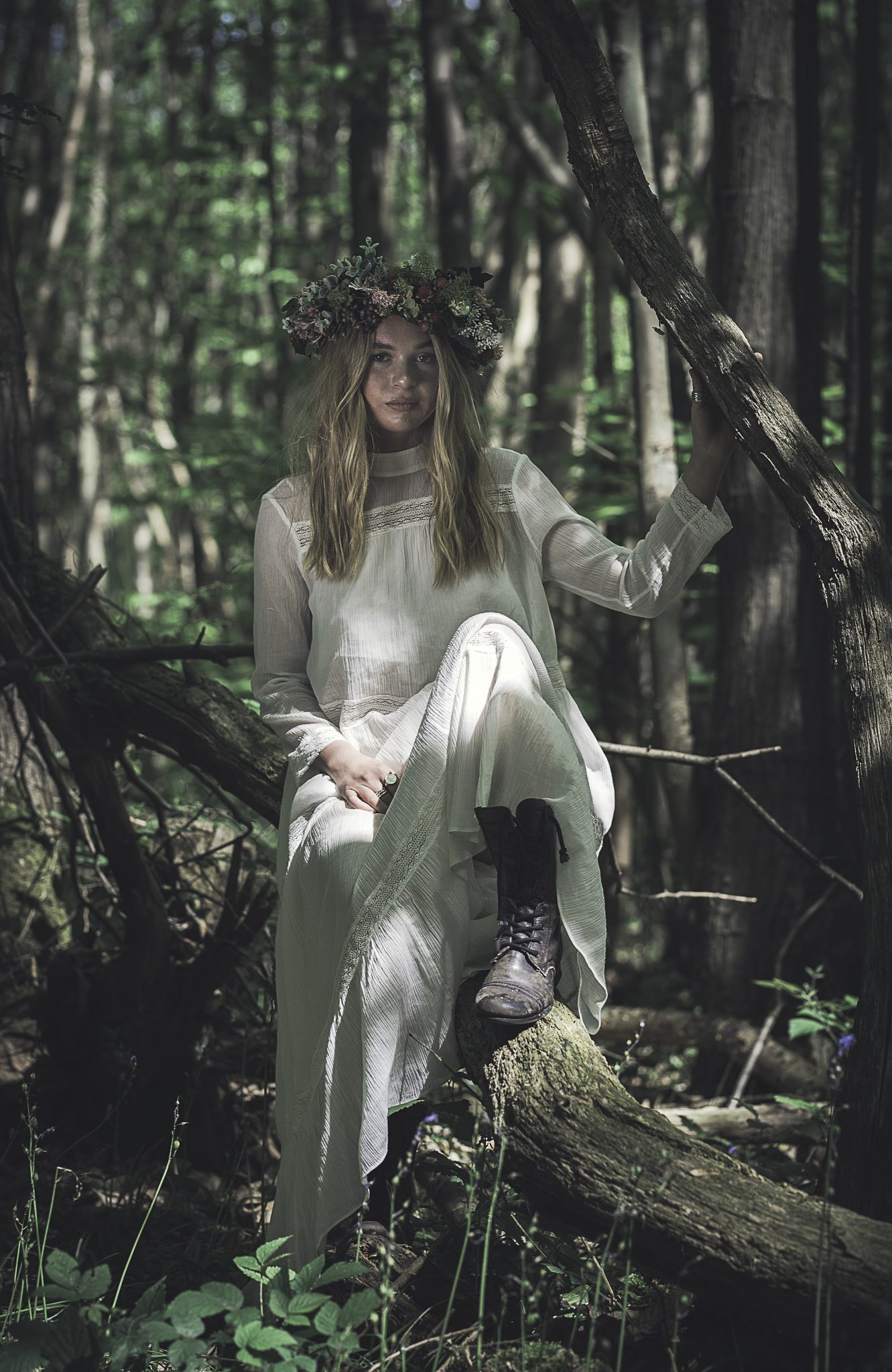 Bride in the woods at the Dreys woodland wedding venue