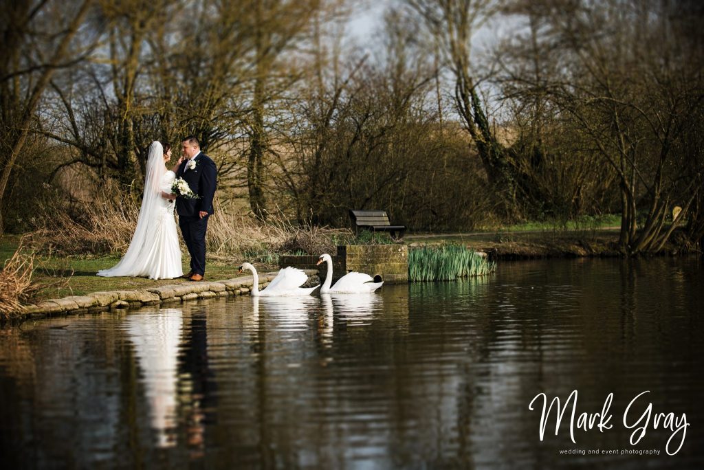 Portrait of bride and groom beside lake with swans